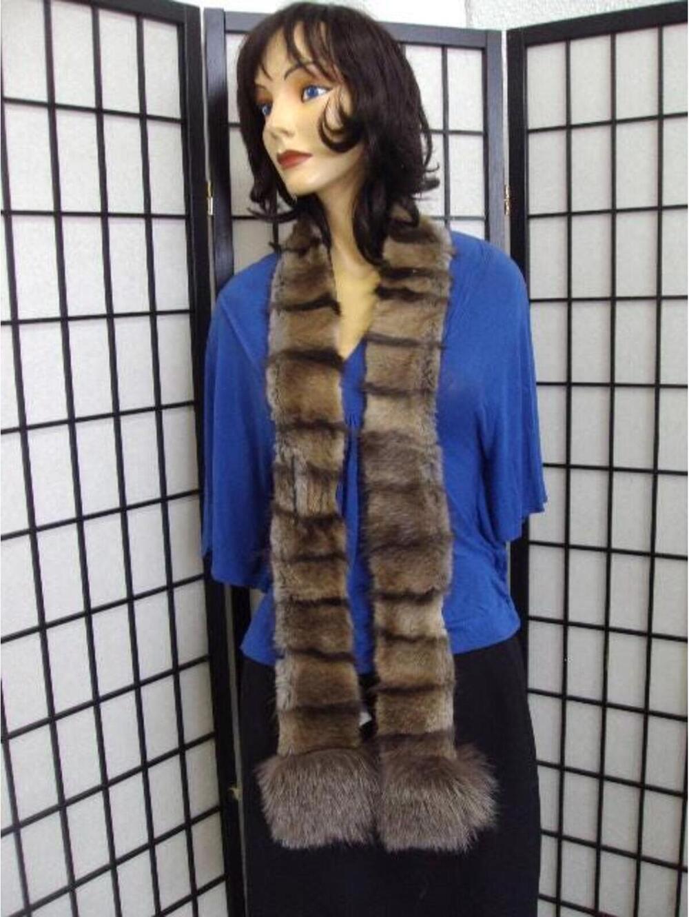 New Two Tone Muskrat Fur Scarf Wrap W/ Brown Fox Women Woman Size 64" By 2.5"
